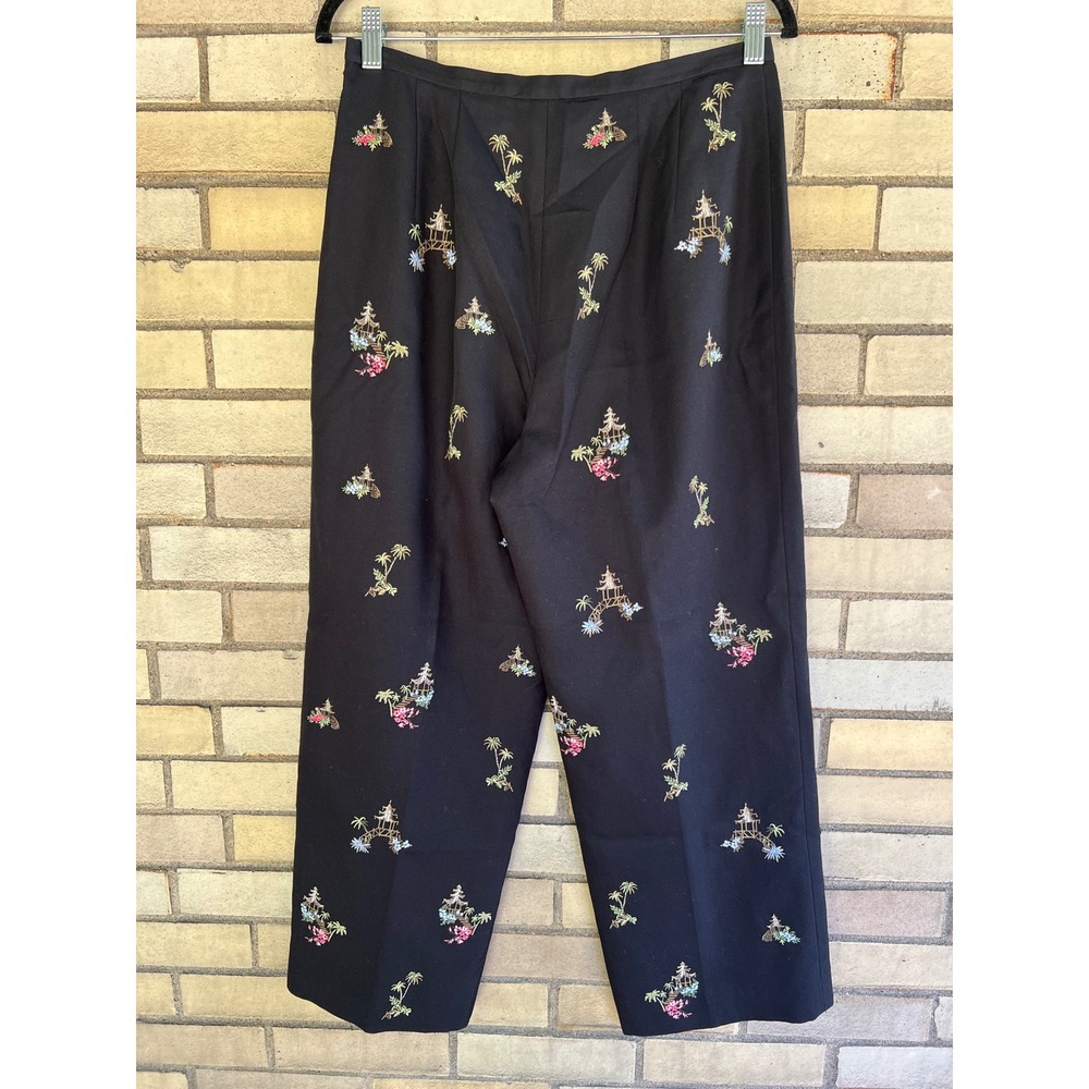 Vintage Talbots Black Silk Cotton Embroidered Palm Tree Pagoda Pants 10 Medium - Picture 6 of 6